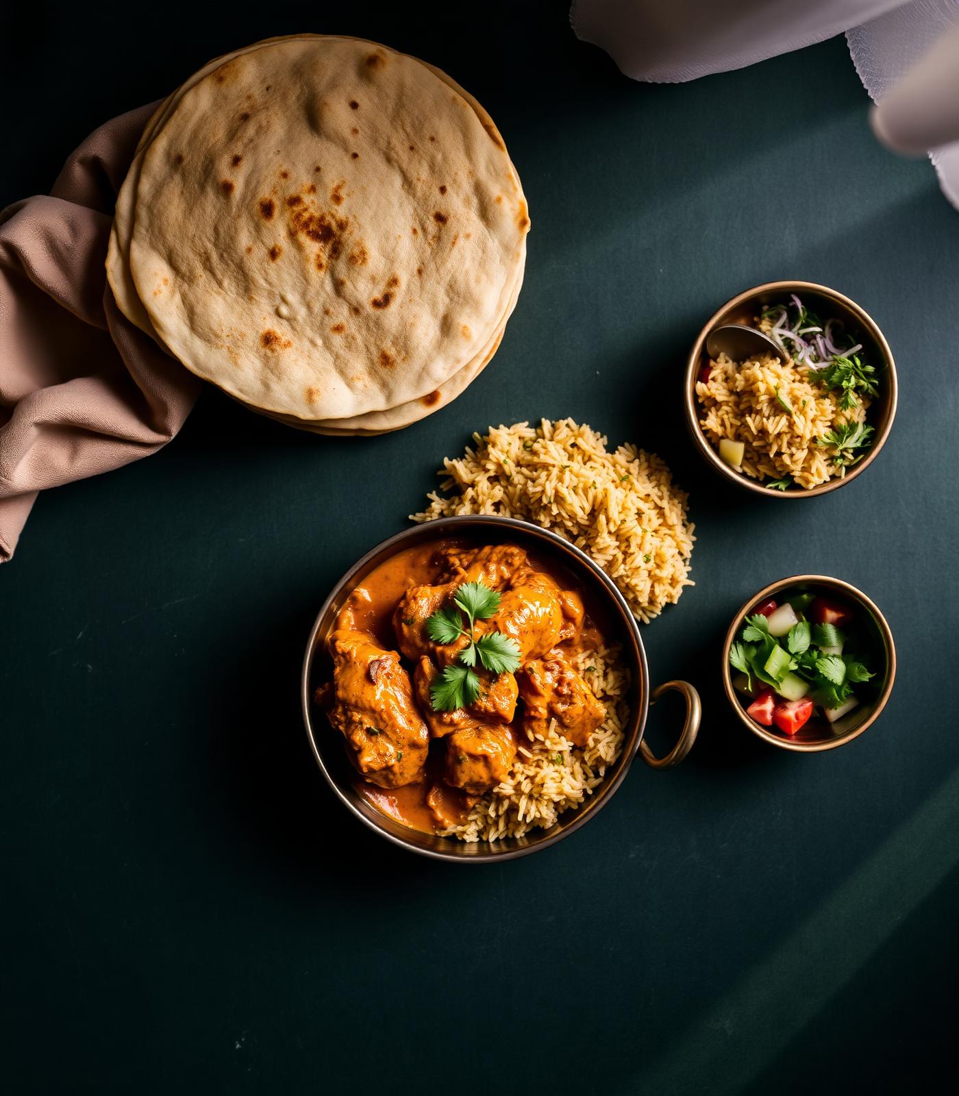 Traditional Indian meal with paratha, chicken butter masala, jeera rice and salad